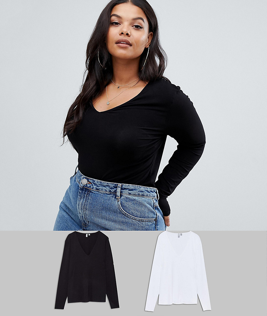 ASOS DESIGN Curve ultimate top with long sleeve and v-neck 2 pack SAVE-Multi
