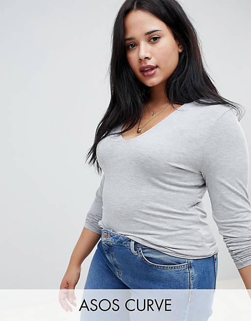 ASOS DESIGN Curve ultimate top with long sleeve and v-neck in grey | ASOS