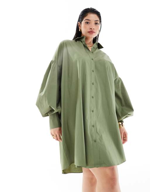 ASOS DESIGN Curve - Ultimate - Vestito camicia corto boyfriend kaki con maniche voluminose, 2 di 4