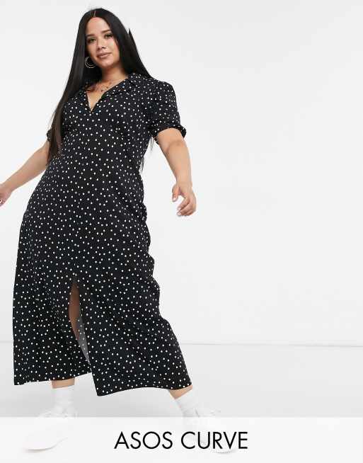 ASOS DESIGN Curve - Ultimativ sort midi-tea-kjole med polkaprikker