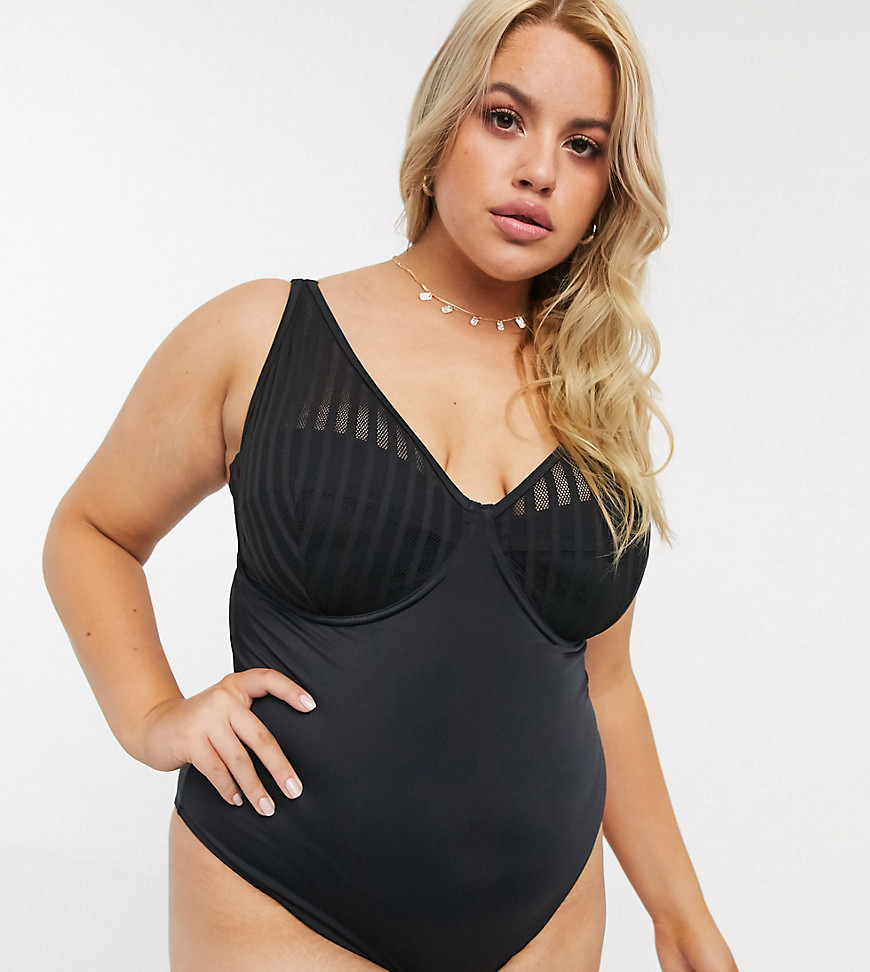ASOS DESIGN Curve underwired mesh overlay cupped swimsuit in black – BLACK