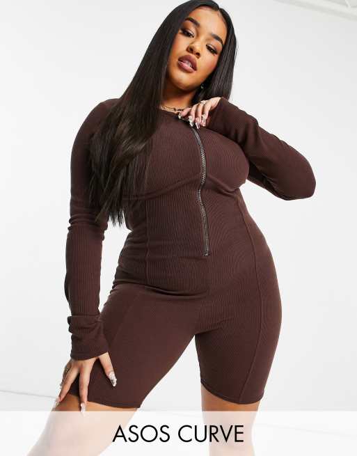 ASOS DESIGN Curve - Unitard met lange mouwen en korset in chocoladebruin