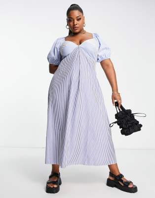 ASOS DESIGN Curve - Unterschiedlich gestreiftes Freizeit-Midikleid aus Baumwolle-Bunt