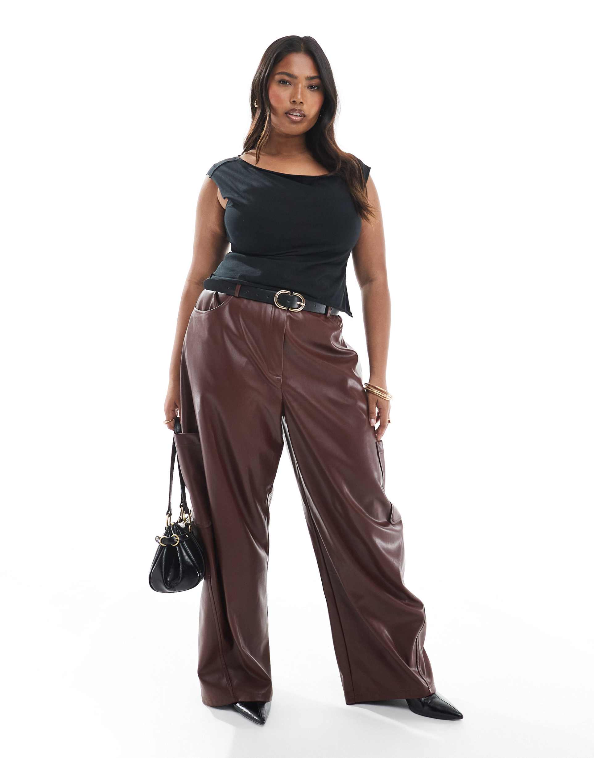 asos design curve utility barrel pants in faux leather in chestnut