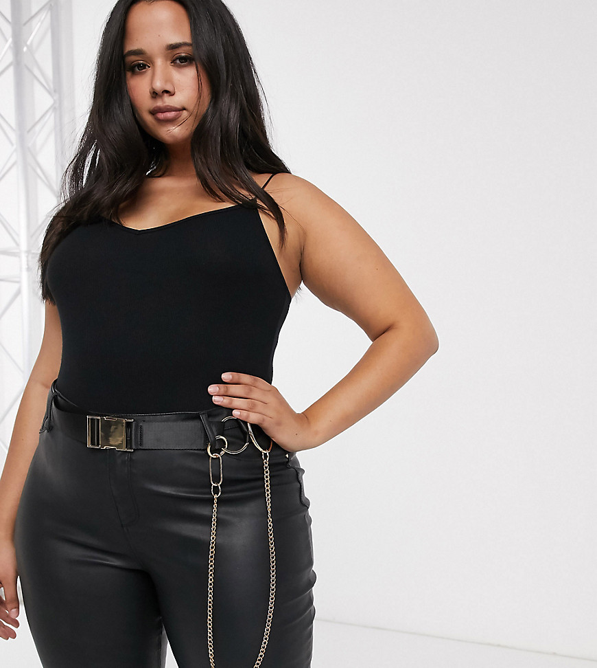 ASOS DESIGN Curve utility buckle jeans belt with ring & chain detail in black