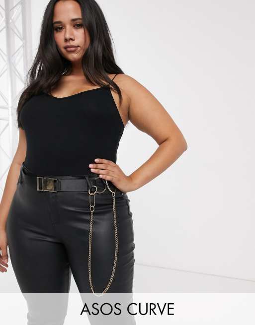 ASOS DESIGN Curve utility buckle jeans belt with ring & chain detail in black