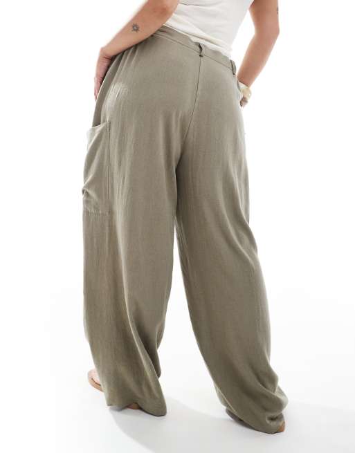 ASOS DESIGN Curve – Utility-Hose aus Leinenmix in Olivgrün mit weitem Beinschnitt , 3 von 5