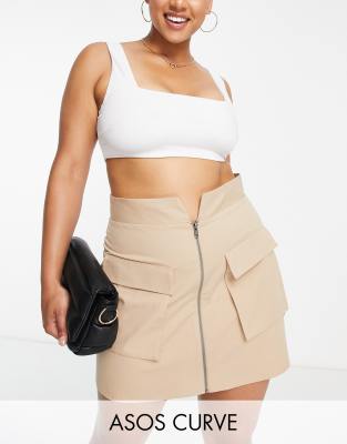 ASOS DESIGN Curve - Utility-Minirock in Steinbeige mit durchgehendem Reißverschluss-Neutral