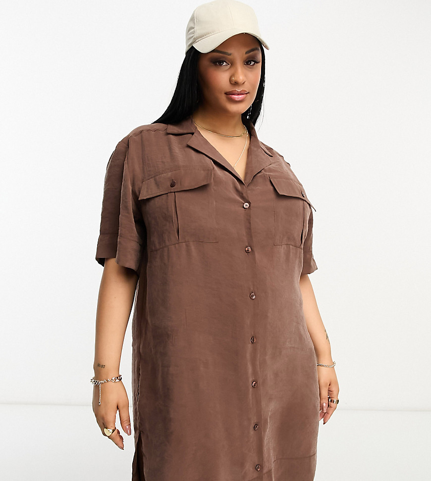 ASOS DESIGN Curve utility pocket shirt dress in chocolate-Brown