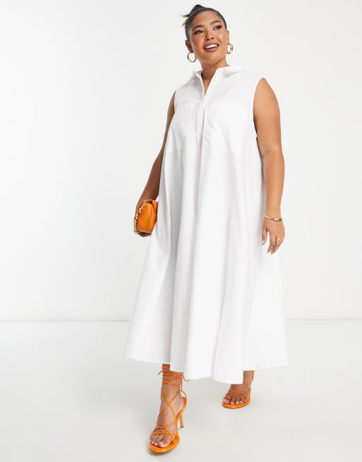 ASOS DESIGN Curve utility pocket sleeveless midi shirt dress in white