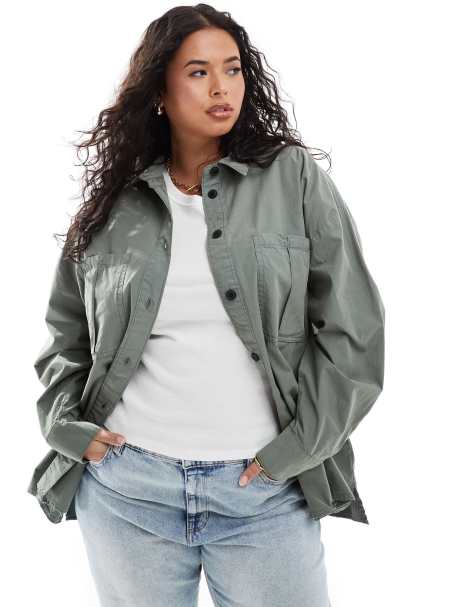 ASOS DESIGN Curve utility shirt in washed khaki - view 1