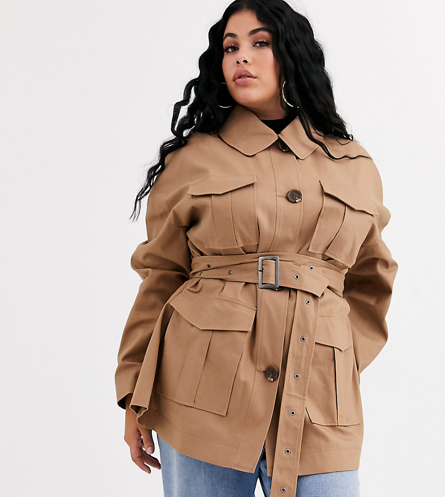 ASOS DESIGN Curve utility trench jacket in stone