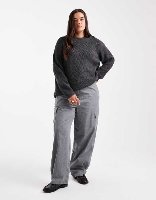 ASOS DESIGN Curve utility trouser with pocket detail in brushed flannel in grey marl