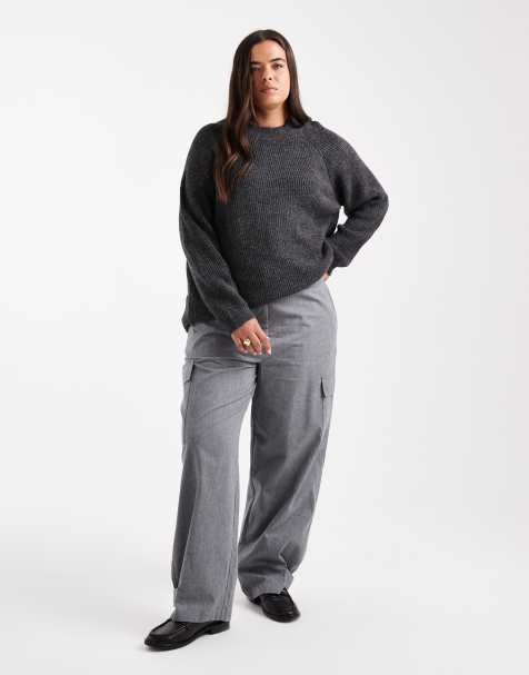 ASOS DESIGN Curve utility trousers with pocket detail in brushed flannel in grey marl - view 1