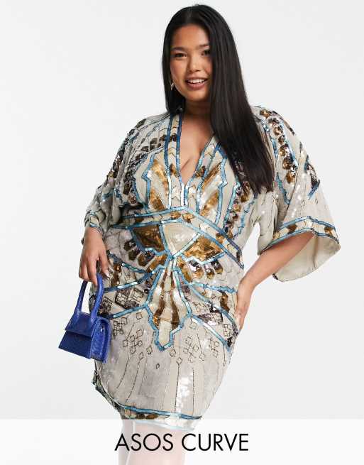 ASOS DESIGN Curve – Utsmyckad miniklänning i kimonostil