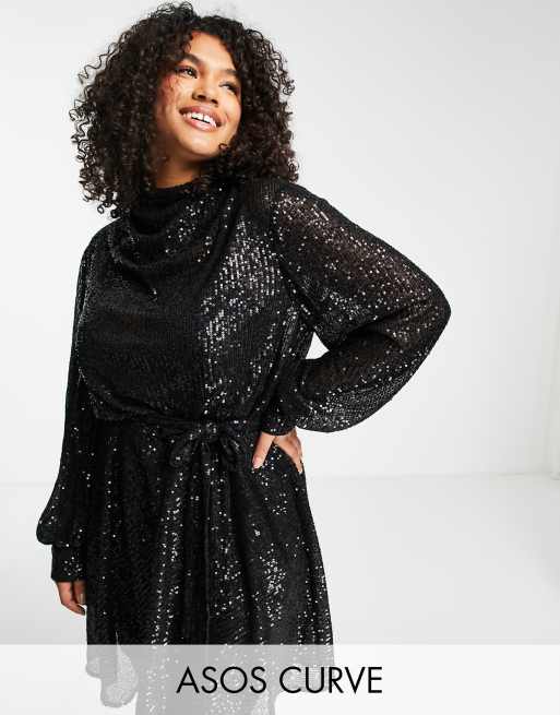 ASOS DESIGN Curve – Utsmyckad miniklänning med hög ringning, blusärm och knytskärp