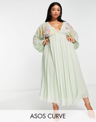 ASOS DESIGN Curve v front baby doll pleated embroidered midi dress in pastel green - ASOS Price Checker
