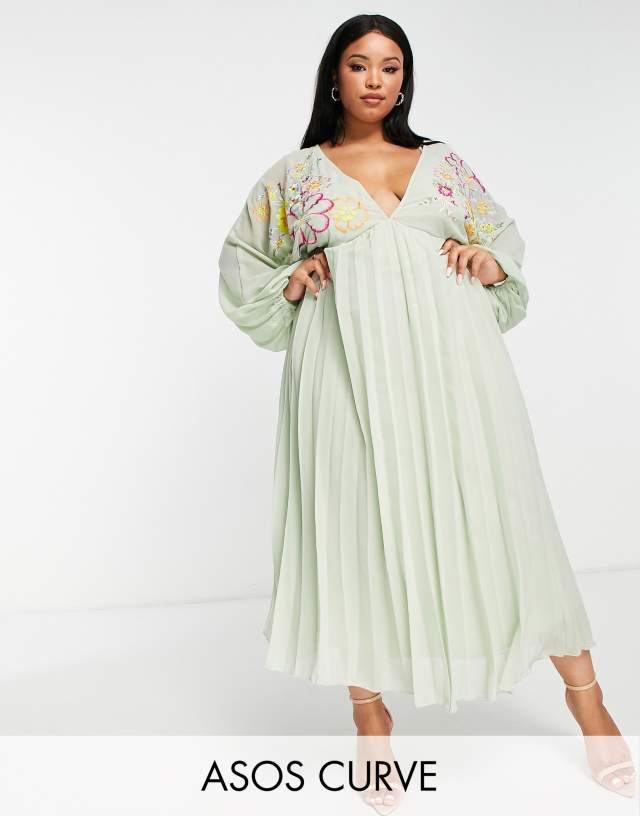 ASOS DESIGN Curve v front baby doll pleated embroidered midi dress in pastel green