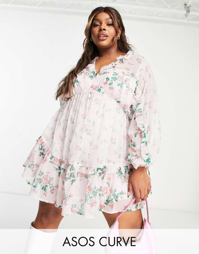 ASOS DESIGN Curve V-front & -back mini skater dress with ruffles in pink floral print