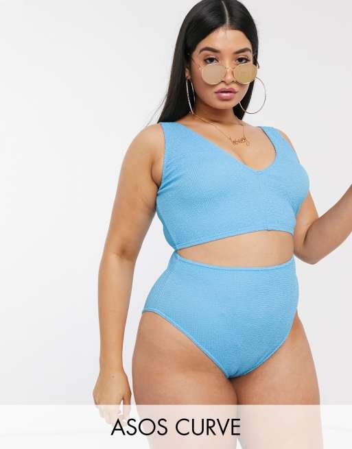 ASOS DESIGN curve crinkle high waist bikini in cornflower blue, 2 of 3