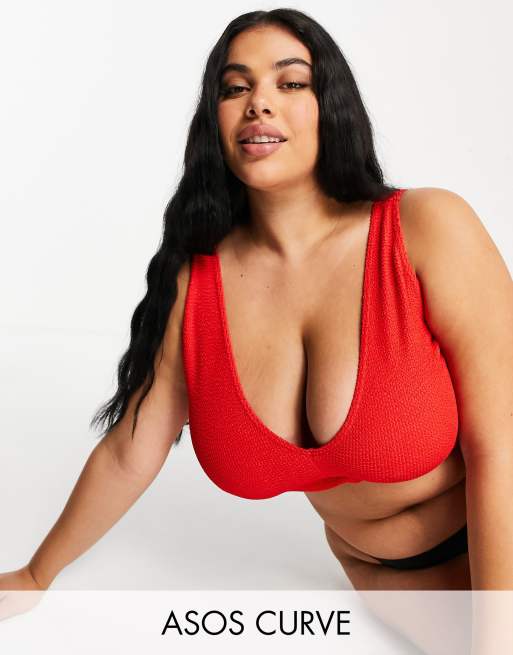 ASOS DESIGN curve v front crinkle crop bikini top in red
