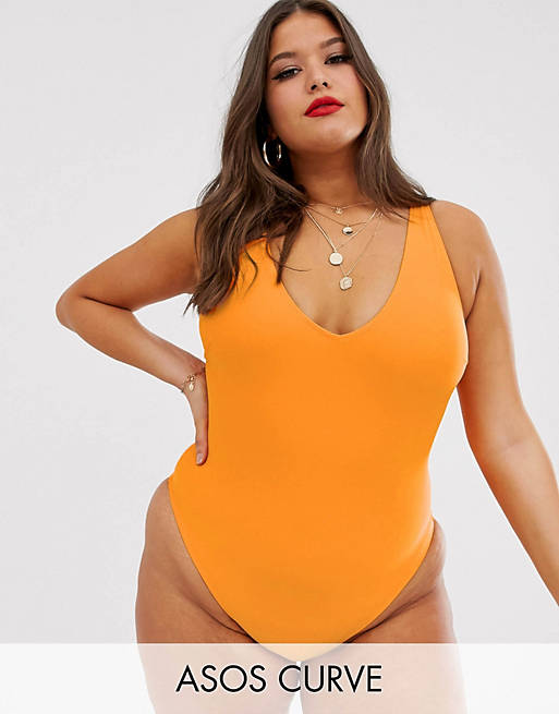 ASOS DESIGN curve v front detail swimsuit in orange