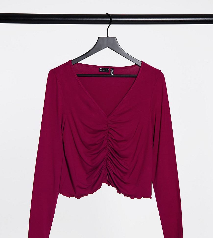 ASOS DESIGN Curve V-front ruched detail top with long sleeves and lettuce edge in burgundy-Red