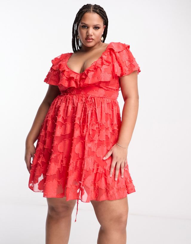 ASOS Curve - ASOS DESIGN Curve v front ruffle mini dress with flutter sleeve and tie belt in red