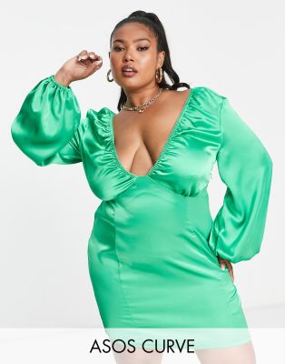 Asos Design Curve V Front Satin Mini Dress With Picot Trim In Green