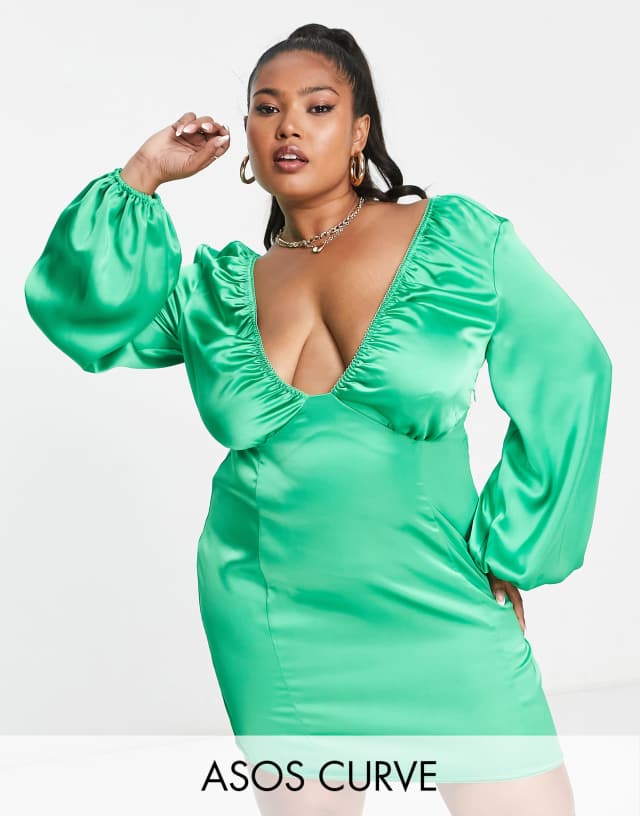 ASOS Curve - ASOS DESIGN Curve v front satin mini dress with picot trim in green