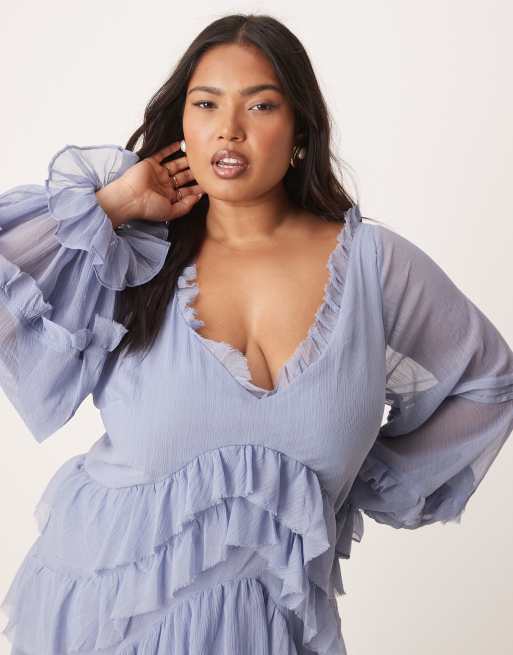 ASOS DESIGN Curve v front tiered ruffle maxi dress with hi low hem and pin  tucks in dusky blue | ASOS