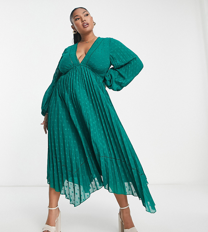 ASOS DESIGN Curve v front trim detail pleated dobby midi dress in forest green