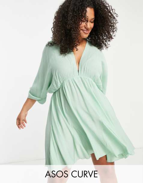 ASOS DESIGN Curve v front v back godet skater mini dress in apple green - view 1