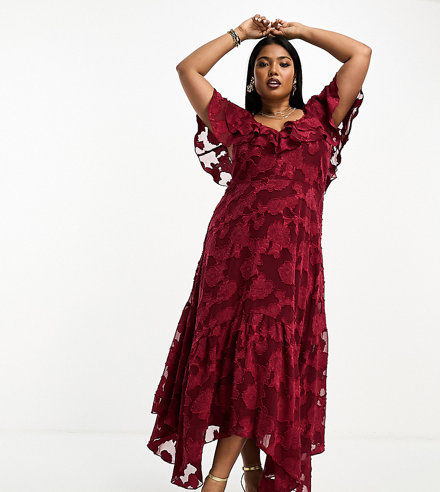 Asos Curve Asos Design Curve V Front V Back Ruffle Midi Dress With Flutter Sleeve And Tie Back In Textured Burn In Red
