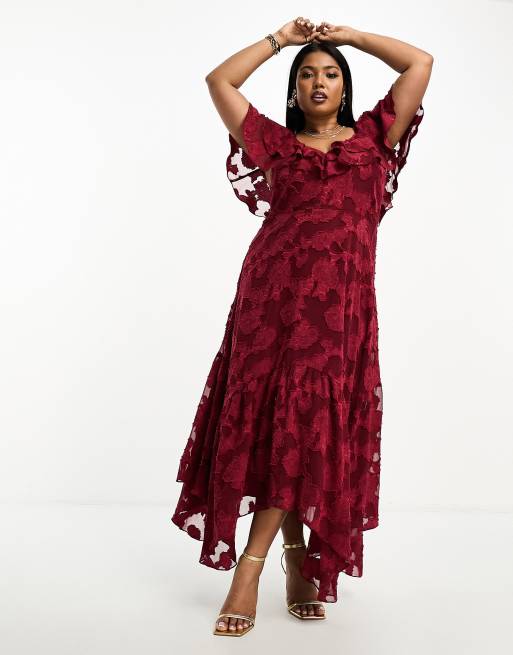 ASOS DESIGN Curve v front v back ruffle midi dress with flutter sleeve and  tie back in textured burnout in burgundy