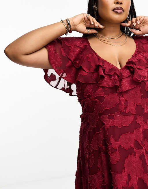 ASOS DESIGN Curve v front v back ruffle midi dress with flutter sleeve and tie back in textured burnout in burgundy