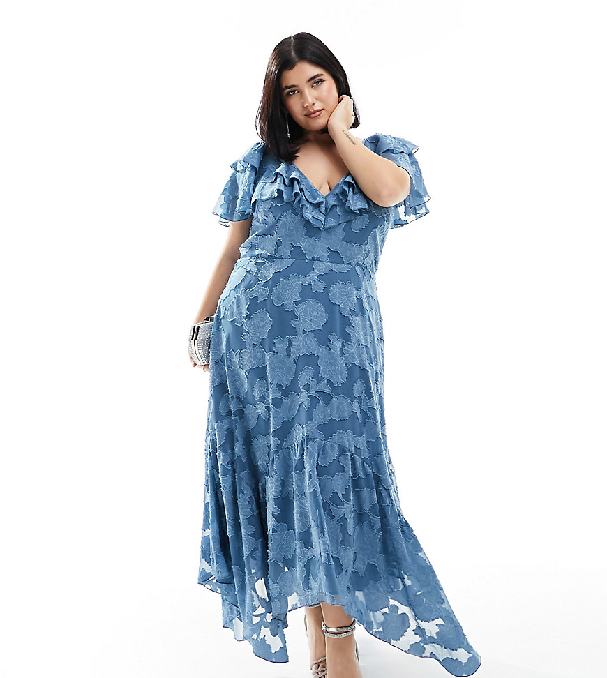 Asos Curve Asos Design Curve V Front V Back Ruffle Midi Dress With Flutter Sleeve And Tie Back In Textured Jacq In Blue