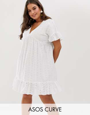 ASOS DESIGN Curve v front v back smock mini dress with pep hem in broderie