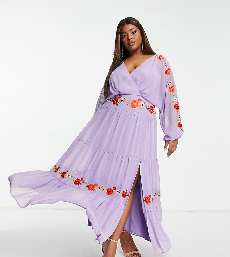 ASOS DESIGN Curve v neck batwing chiffon maxi dress with embroidery detail in lilac-Purple