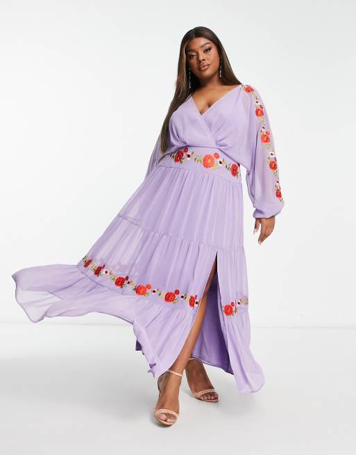 ASOS DESIGN Curve v neck batwing chiffon maxi dress with embroidery detail  in lilac