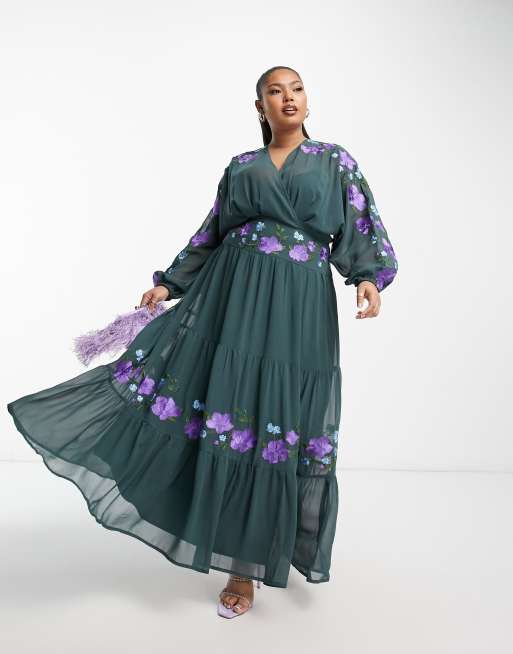 ASOS DESIGN Curve v neck batwing chiffon maxi dress with embroidery detail in pine green