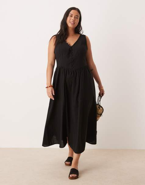 ASOS DESIGN Curve v neck button up maxi dress with dropped waist in black - view 1