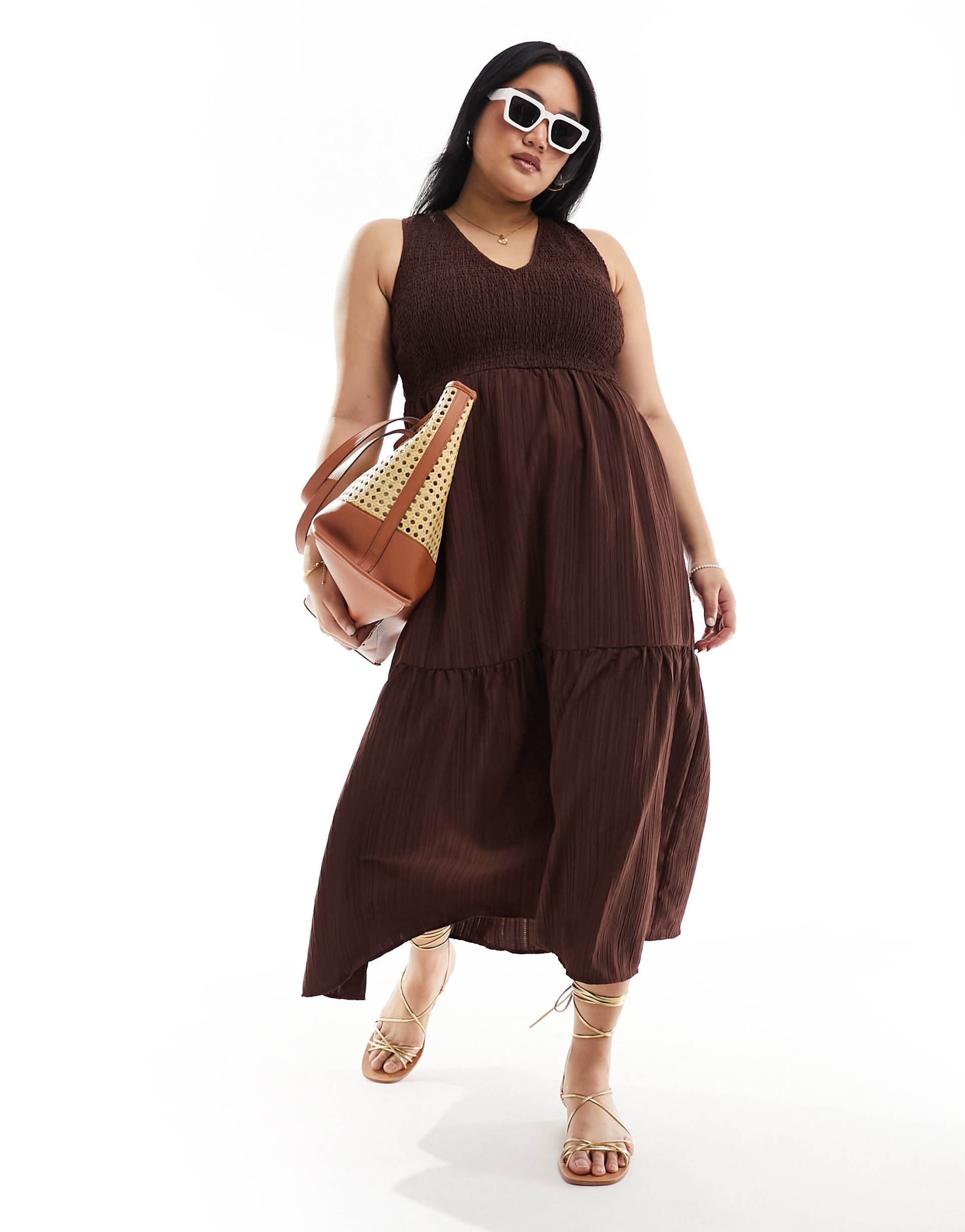 asos design curve v-neck crinkle midi sundress with tiered skirt in chocolate