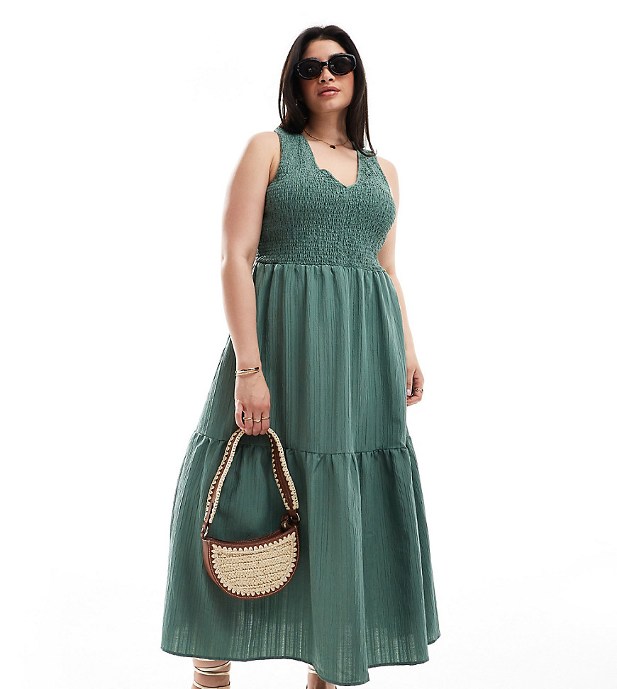 Asos Curve Asos Design Curve V-neck Crinkle Midi Sundress With Tiered Skirt In Khaki-green