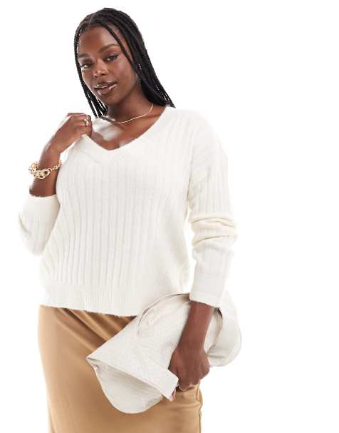 ASOS DESIGN Curve v neck jumper in rib in cream - view 1