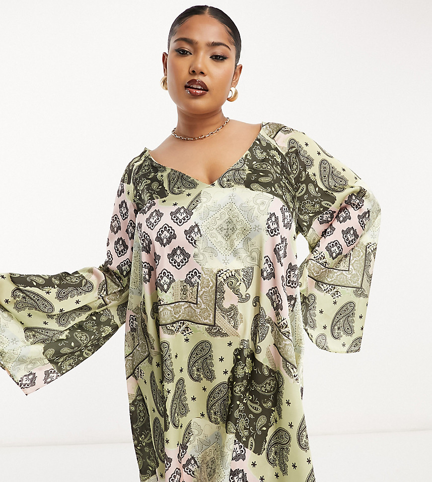 ASOS DESIGN Curve v-neck kimono sleeve mini smock dress with cross back in mixed paisley-Multi