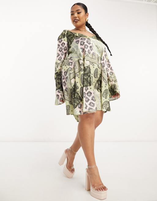 ASOS DESIGN Curve v neck kimono sleeve mini smock dress with cross back in mixed paisley