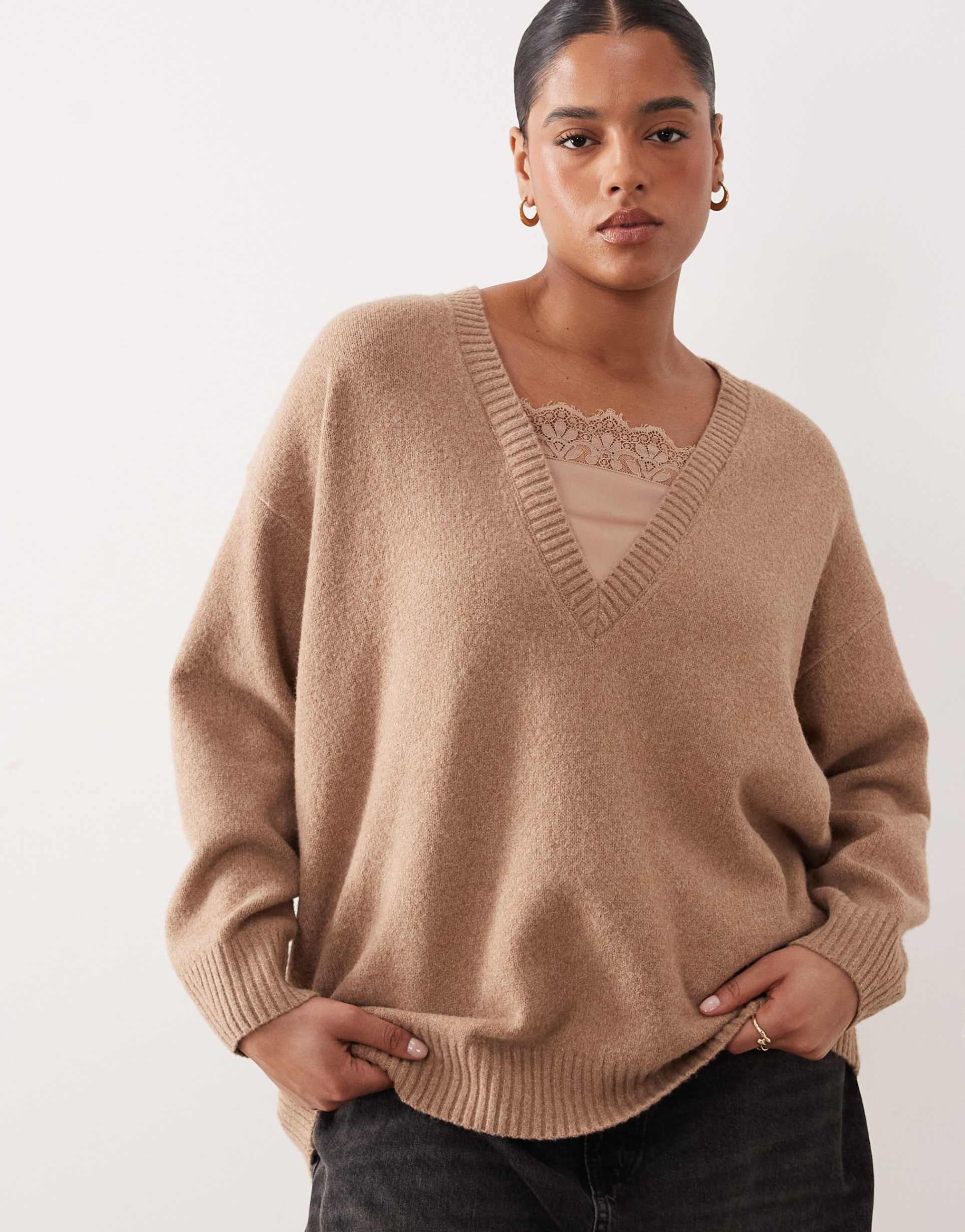 asos design curve v-neck lace insert sweater in camel