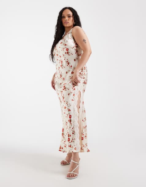 ASOS DESIGN Curve v neck lace matt satin maxi dress in cream red floral - view 1
