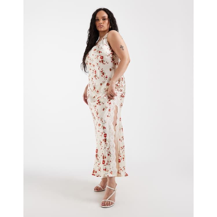ASOS Design Curve v-neck lace matte satin maxi dress in cream and red floral-Multi